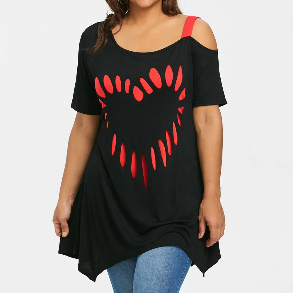 Blusa holgada informal de manga corta para verano, camisa con estampado de corazón y corazón para mujer, color negro, talla grande