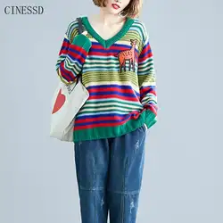 Вязаный свитер размера плюс, женский зимний Корейский полосатый свитер с длинным рукавом, Женский пуловер с v-образным вырезом, топы 2019