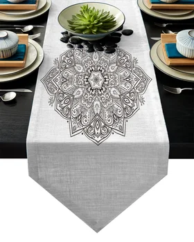 

Mandala Flowers Black And White Islamic Table Runner Table Flag Home Party Decorative Tablecloth Table Runners for Wedding