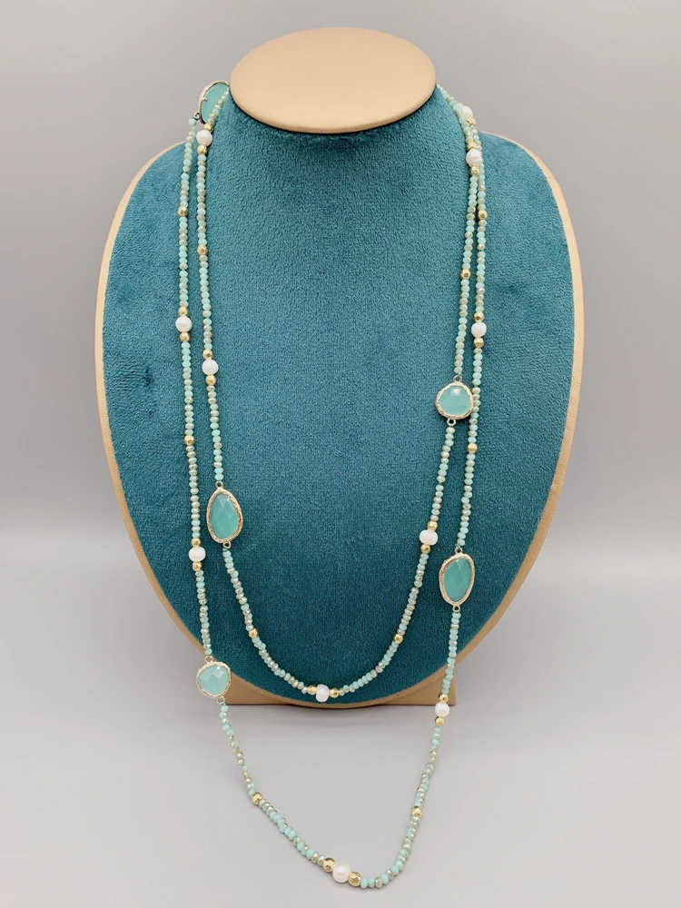 Faceted Cut Irregular Aqua Quartz Long Necklace With 5-6mm White Freshwater Pearls 2mm Crystals And Hammered Gold Beads 50 Inch