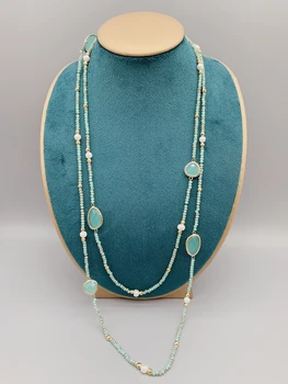 Faceted Cut Irregular Aqua Quartz Long Necklace With 5-6mm White Freshwater Pearls 2mm Crystals And Hammered Gold Beads 50 Inch
