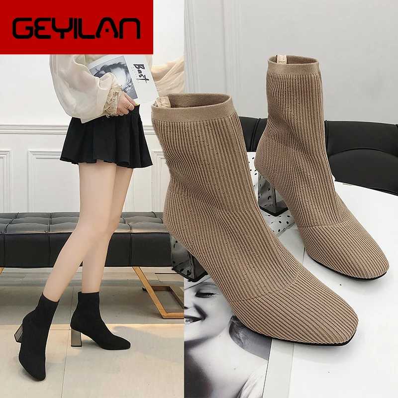 

Women High Heel Boots Sock Boot Fashion Square Toe Slip On Silver Heel 2019 Autumn Winter Female Pumps Boot Shoes 7 cm