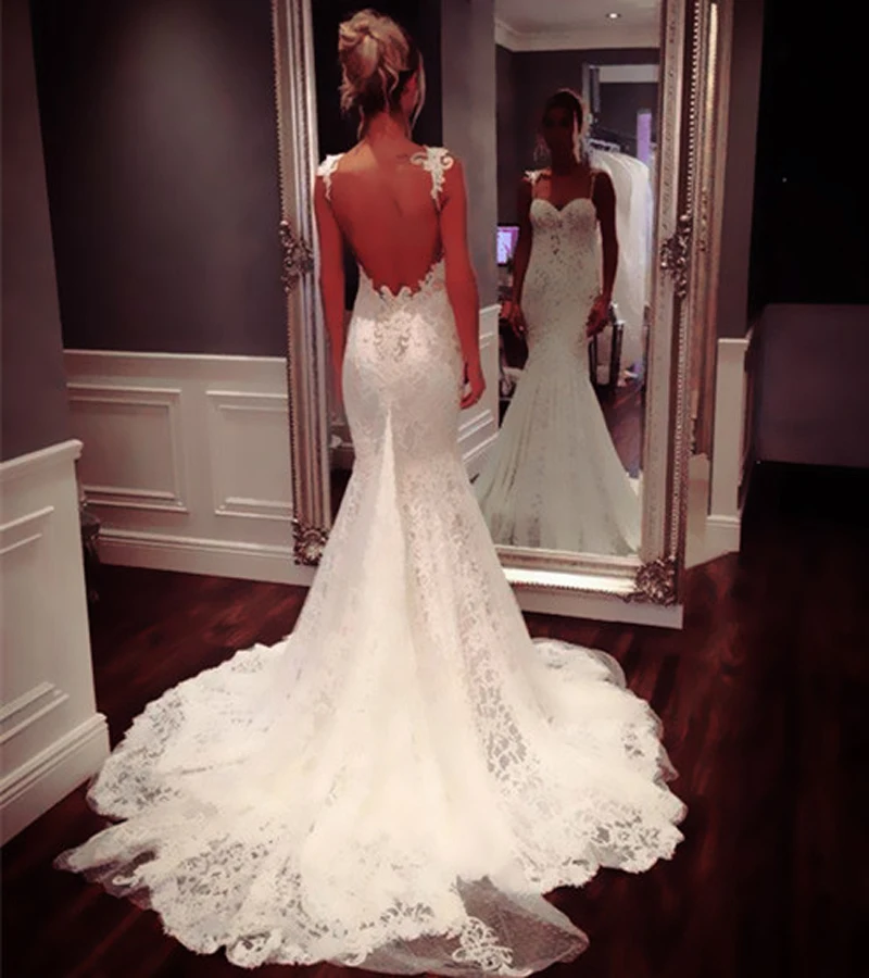 

New Sexy Backless Lace Mermaid Wedding Dresses 2015 Appliques Wedding Dresses Bridal Gowns Sweetheart Floor Length Tank