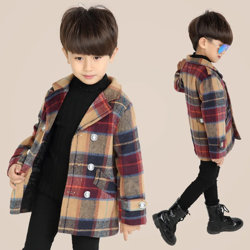 

BOY'S Tartan Overcoat Manufacturers Direct Selling Children Mid-length Double Layer Velvet Padded Woolen Jacket Childrenswear Wh