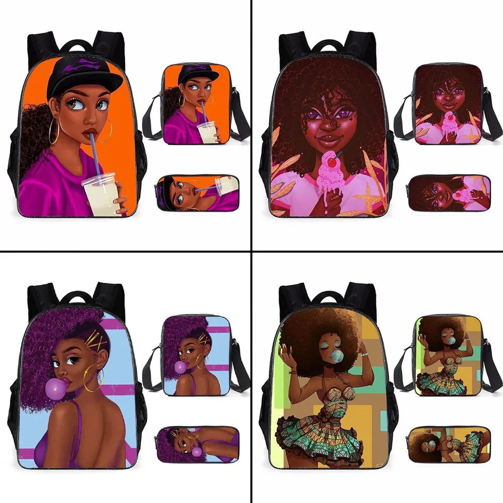 2021 New Cartoon African Girl Three-Piece School Bag Elementary Middle School Students Anime Print Backpack Shoulder Pencil Case
