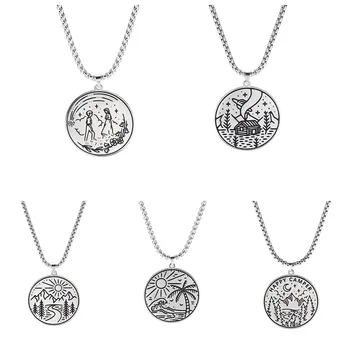 

Eueavan 5pcs/lot Camper Travel Tropical Scenery Journey Stainless Steel Round Box Chain Necklace Women Men Gift for Lover