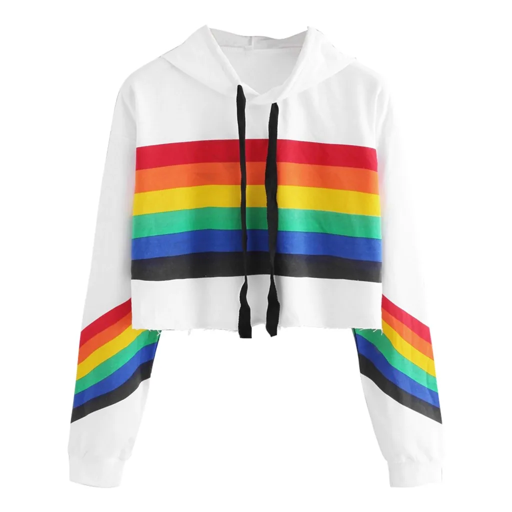 JAYCOSIN Fashion Women Rainbow Print Loose Long sleeve Sweatshirt Casual Stripe Colourful Chic Solid Elegant Hooded Pullover