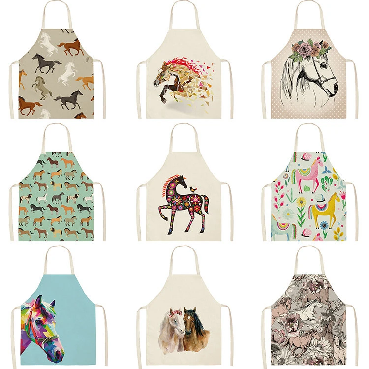 1Pcs Horse Kitchen Sleeveless Aprons For Women Cotton Linen Bibs Household Cleaning Pinafore Home Cooking Apron 53*65cm WQL0176