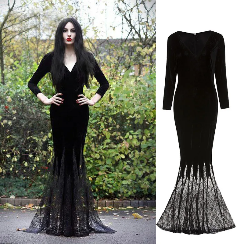 Женский костюм ведьмы в готическом стиле на Хеллоуин Morticia Addams черное кружевное