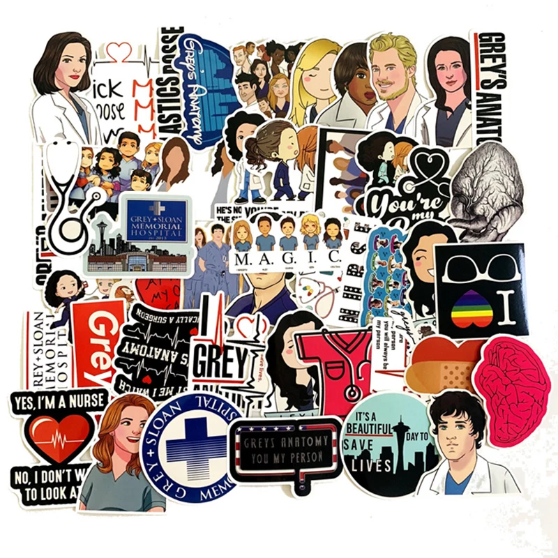 

50pcs TV Show Greys Anatomy Waterproof Stickers Kids Toy Sticker for DIY Luggage Laptop Skateboard Car Decor Funny Sticker