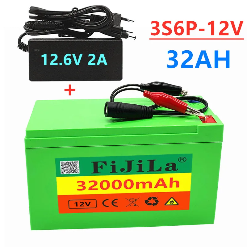 12V 32000mAh 18650 lithium battery pack + 12.6V 2A charger, built in