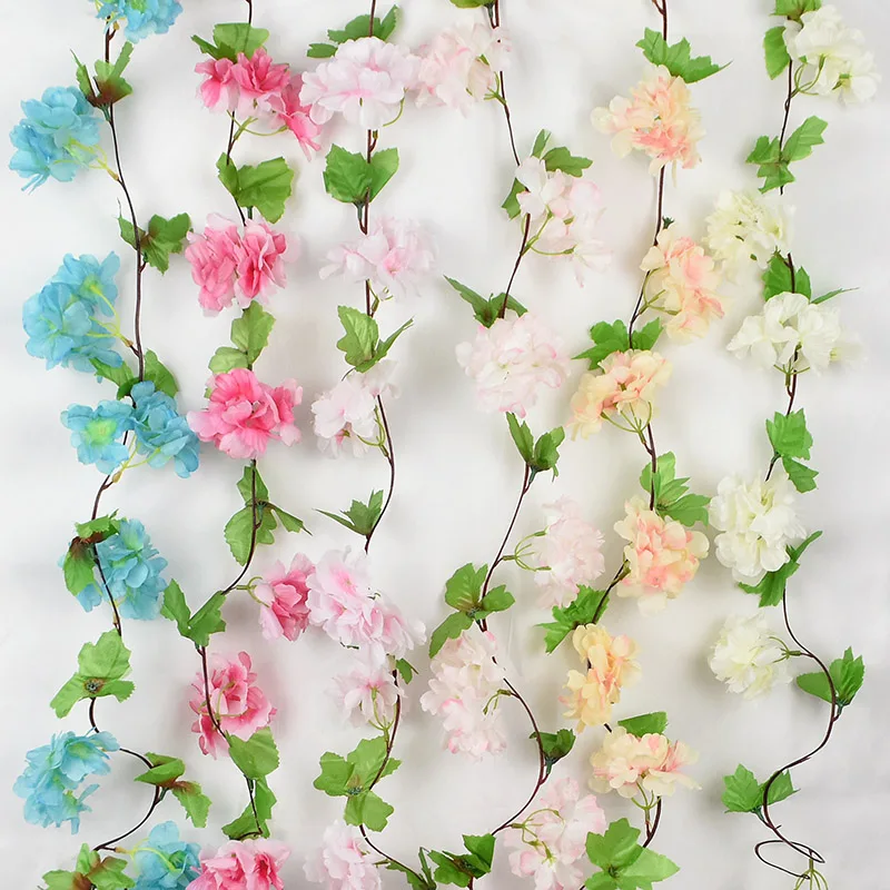 1pc 235cm Artificial Cherry Blossom Vine Lvy Wedding Arch Decoration Home Garden Deco Hanging Flowers String Silk Flowers Rattan