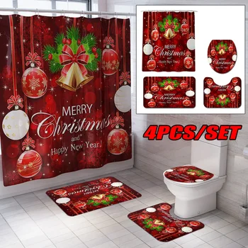 

4pcs/set Christmas Shower Curtain Set Christmas Bell Santa Claus Print Carpet Mat Combination-Bathroom Toilet Seat Curtain Set