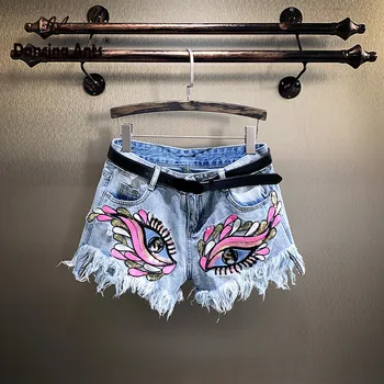 

Women Shorts Jeans High Waist Patchwork Embroidery Wide-Leg Denim Short Pants 2020 Summer New Female Ripped Tassel Loose Shorts