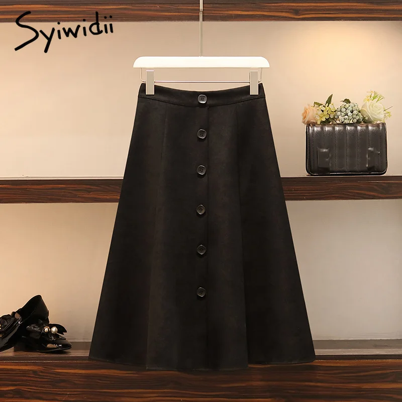Длинная широкая юбка размера плюс, XL-4XL, эластичная резинка на талии, Черная Женская юбка на пуговицах, весенняя, зимняя, миди юбка, уличная одежда, низ коричневого цвета