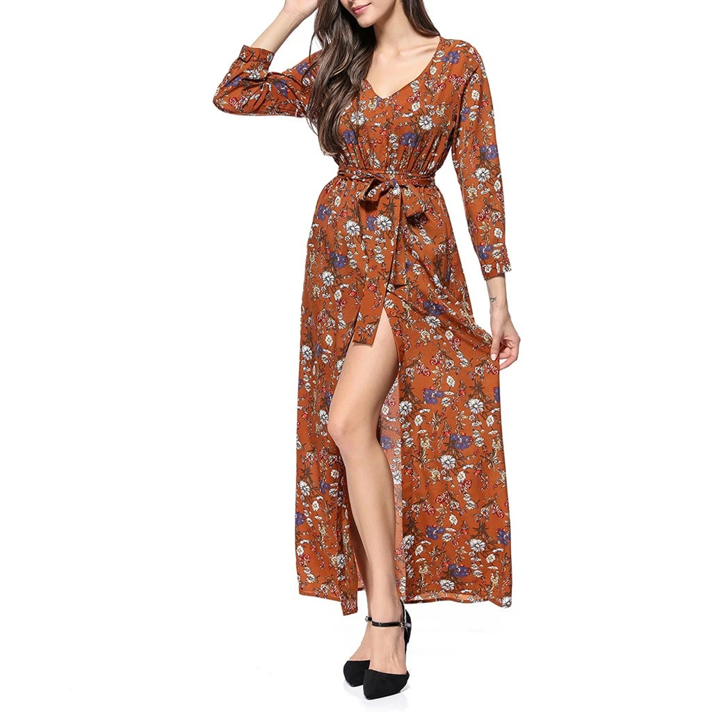 Loose Dresses Long Sleeve Winter Bohemian Beach Women Floral Print  Runway Dress Autumn Party Night Sundress Vestidos 822