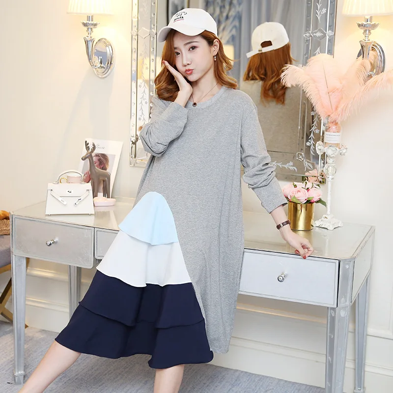 

2019 Spring New Style Korean-style-Style Mixed Colors Joint Hem Pregnant Women Loose-Fit Dress Mid-length Fashion