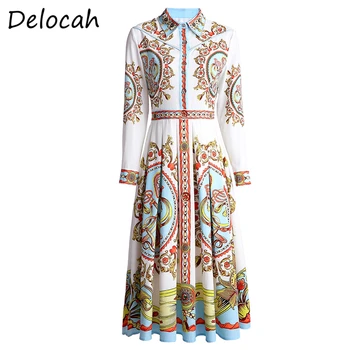

Delocah Spring Dress Fashion Ruwan Women Long Sleeve Gorgeous Crystal Beading Printed Elegan Slim Female Midi Dresses Vestidos