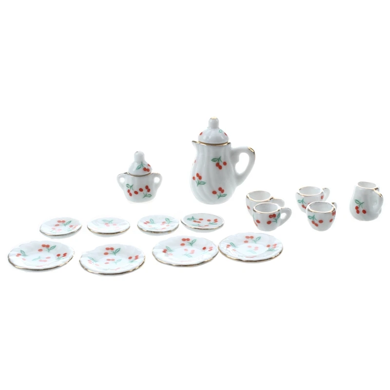 

Set of 15pcs 1/12 Dollhouse Miniature Dining Ware Porcelain Tea Set---Red Cherry