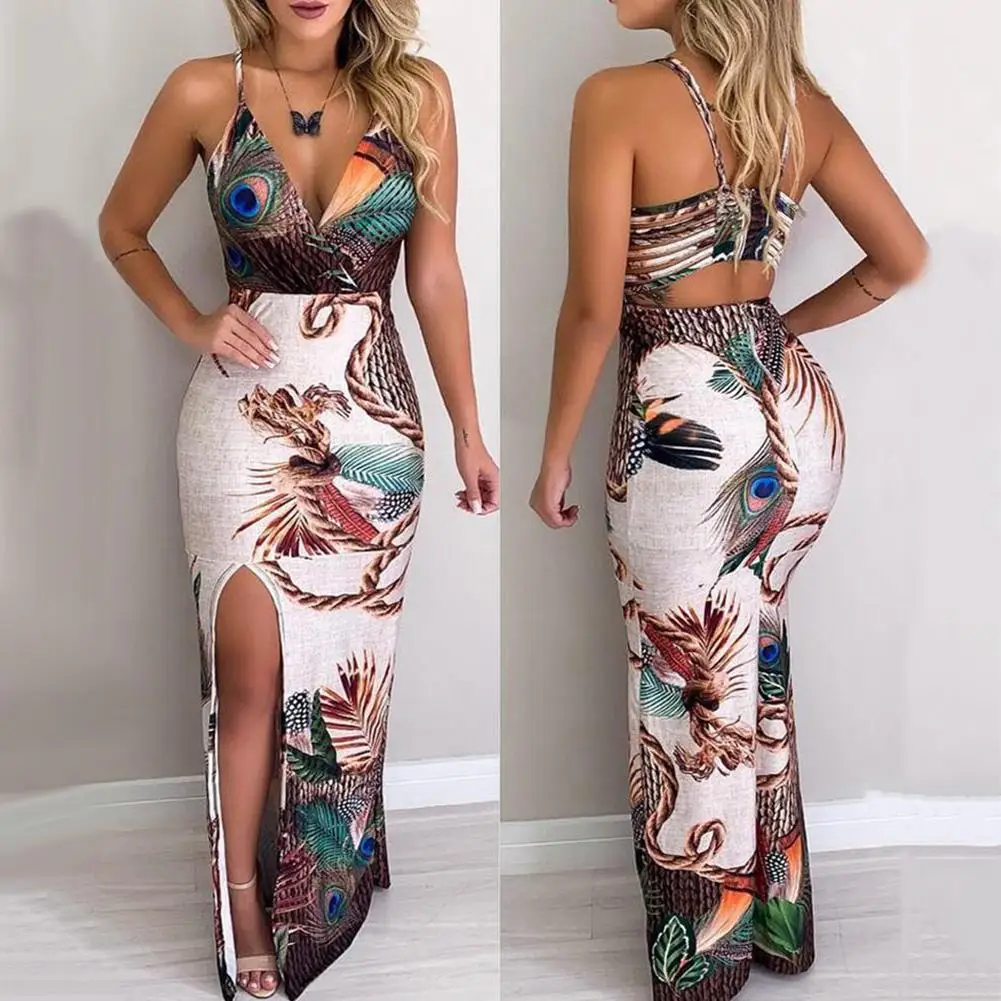 

Boho Women Peacock Feather Print V Neck Backless Slit Bodycon Maxi Slip Dress