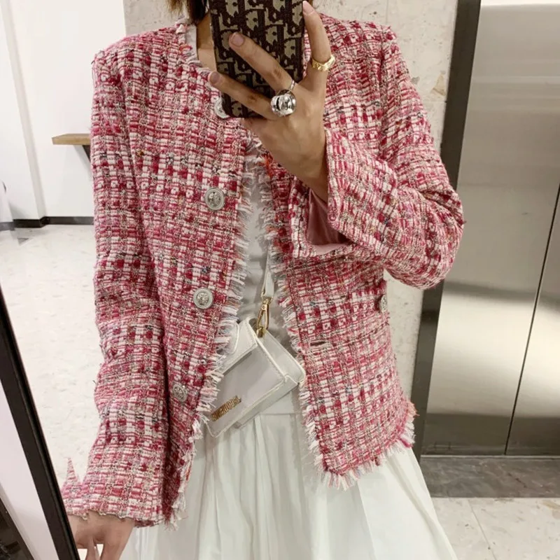 High Quality Tweed Jacket Pearls Coat Ladies Autumn Winter Fragrant