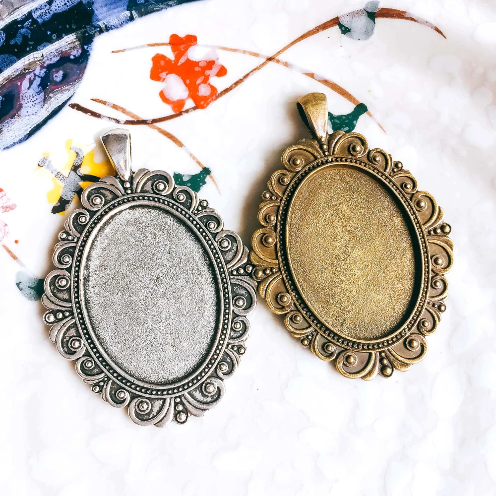 

5pcs/lot 25x35mm Necklace Pendant Setting Antique Bronze Silver Color Glass Cabochon Blank Base Supplies for Jewelry T119