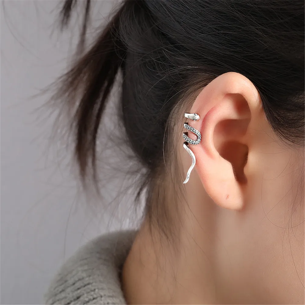 One Piece 925 Sterling Silver CZ Inlay Snake Clip on Ear Cuff no piercing 