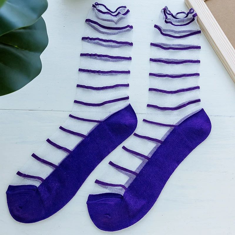 Women Summer Socks Striped Slippers Fashion Female New Casual Glass Silk Socks Breathable transparent Color Mid-Tube Socks For W