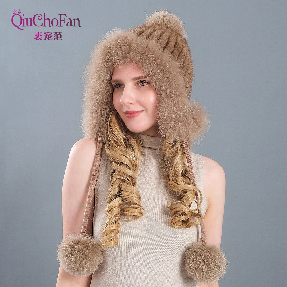 

Real Mink Fur Hat For Winter Women Imported Knitted Mink Cap With Fox Fur New Hot Sale High Quality Women Beanies