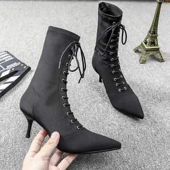 

Pumps Women Shoes In High Heel Sock Boots Lace-Up Calzado Mujer Pointed Toe Buty Damskie Thin Heels Botas Mujer Ladies Boots