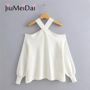 

JiuMeiDai Women White Cross Neck Off Shoulder Knitted Tops Female Ladies Plus Size Loose Lantern Sleeve Korean Casual Sweaters