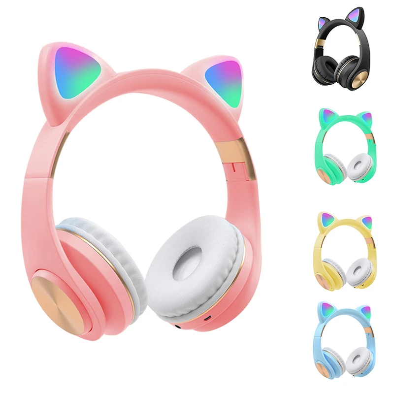 Bluetooth Headphones Cat Ear LED Light Up Wireless Foldable Headphones over Ear for Smartphones Laptop PC TV