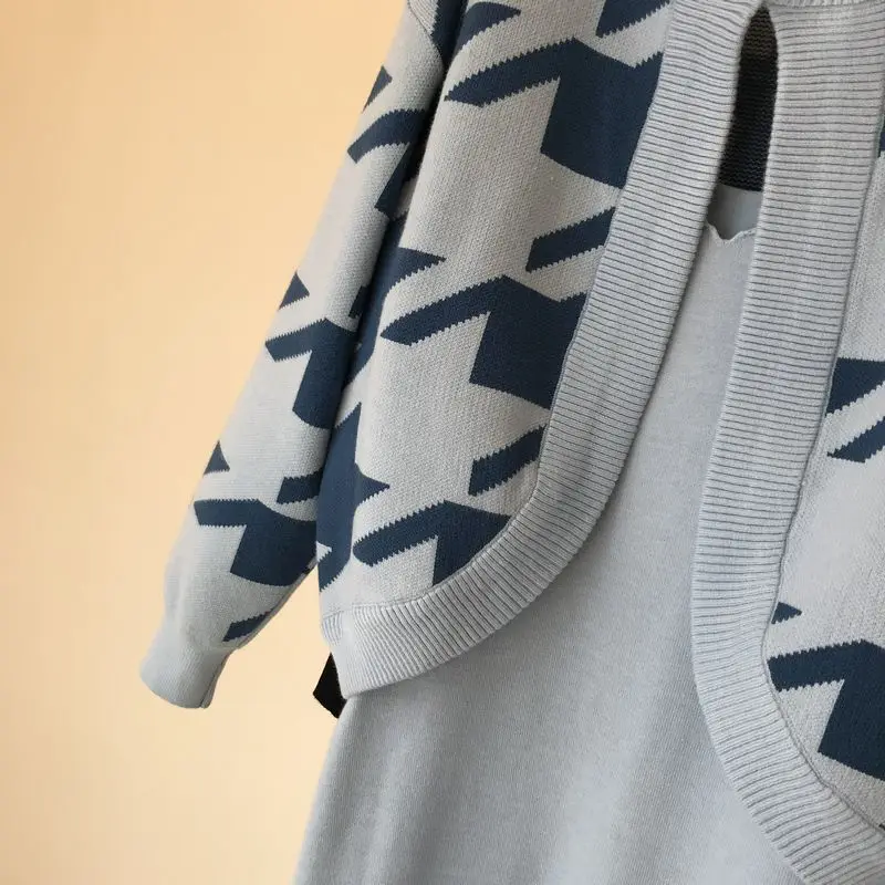 ALPHALMODA осенне-зимний женский кардиган с рисунком «гусиные лапки»+ платье на бретельках модный костюм из 2 предметов элегантный вязаный комплект из 2 предметов