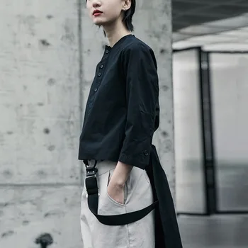 

XUXI Spring Autumn 2020 Simple Women's Black Ribbon Split Union Shirt High Collar New Loose Pocket Robe Fashion Trend FZ0884