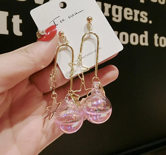 Pink Корейские модные женские висячие серьги, аксессуары, стекло, вода, поло, пузыри, двойная звезда, Цветные Висячие вечерние серьги - Окраска металла: Pink
