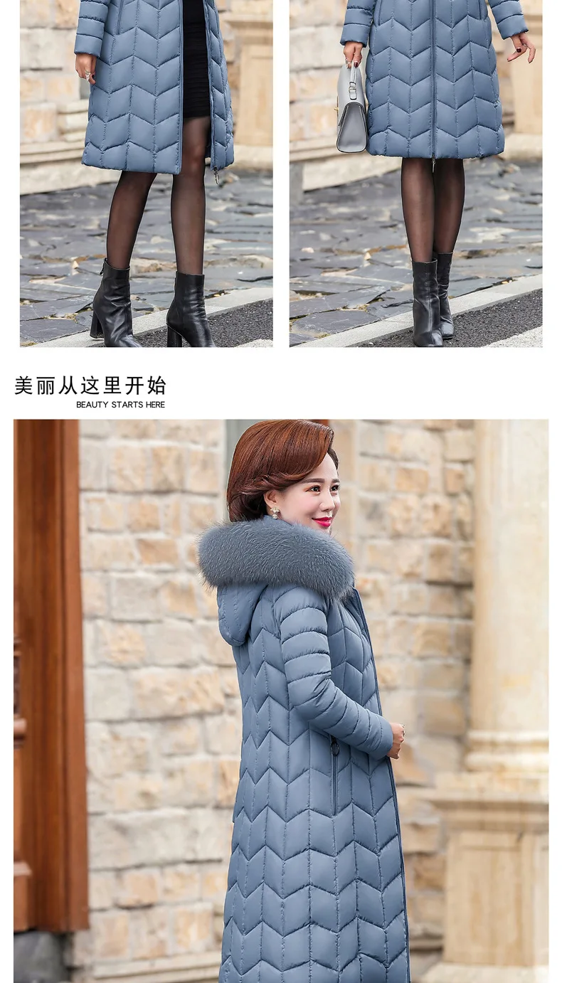 Off Season Middle Aged And Elderly People down Jacket Cotton-padded Clothes Women's Long over-the-Knee Large Fur Collar Hooded M