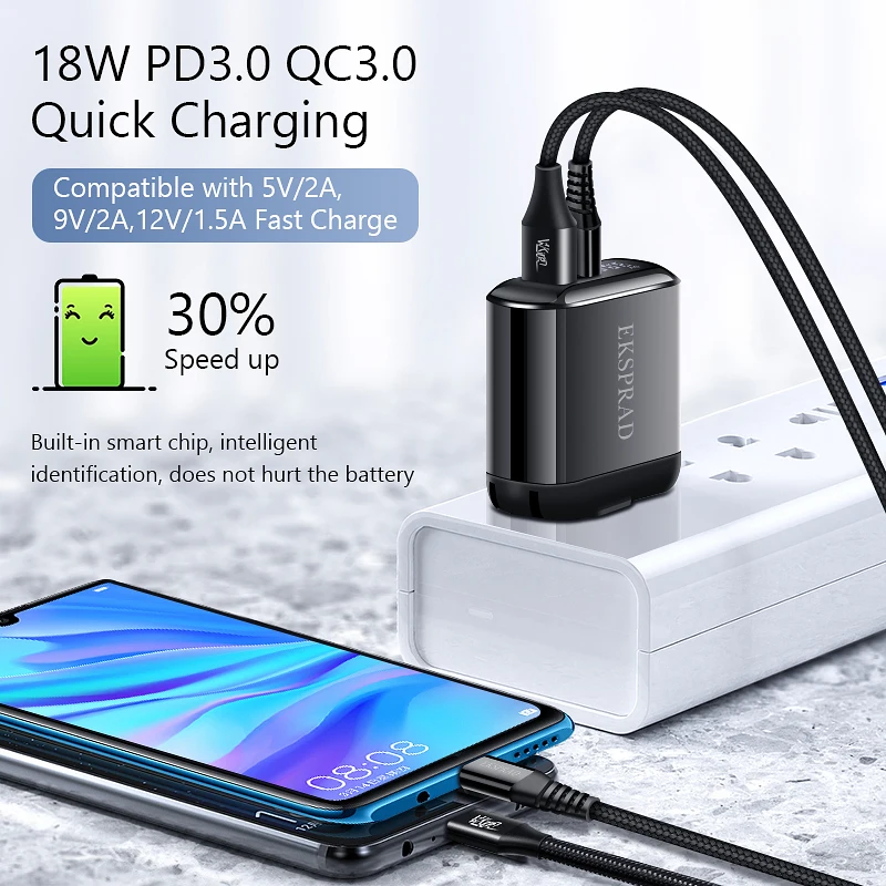 EKSPRAD 18 Вт Быстрая зарядка 3,0 USB зарядное устройство светодиодный дисплей QC3.0 PD USB C type C Быстрая зарядка зарядное устройство для телефона для iPhone 11/11 Pro/X XR