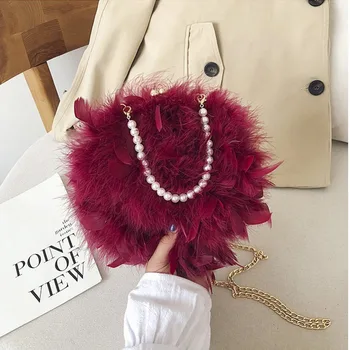 

Women Evening Party Bag 2020 New Crossbody Shoulder Peral Chain Autumn Korean Feathers Beading Personality Circular Bags B012