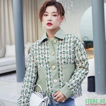 

Loose Fit Green Plaid Tweed Tassels Elegant Jacket New Lapel Long Sleeve Women Coat Fashion Tide Autumn Winter 2020