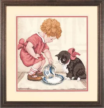 

COTTON Counted Cross Stitch Kit Cream for Kitty Cat Kitten and Girl Milk Food dim 35032