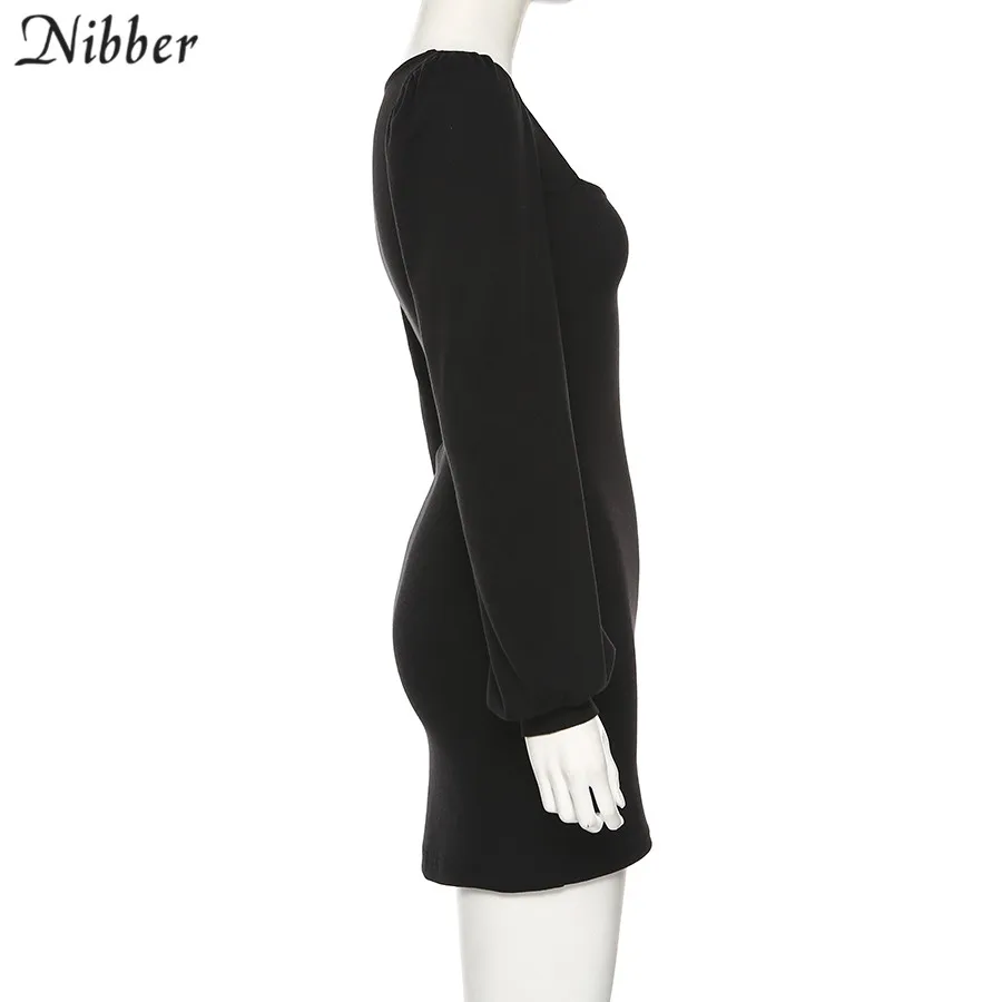 Nibber Harajuku Pure Knitting Full Sleeve Low Cut Dress Women's Office Lady Street Casual Wear Black Basic Bodycon Mini Dresses