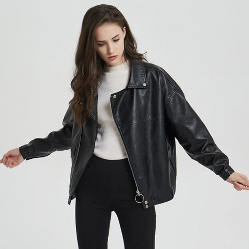 

Casual Women Oversized Faux Leather Jacket Female Boyfriend Motor Autumn PU Coat Ladies Basic Suede Coat for Winter