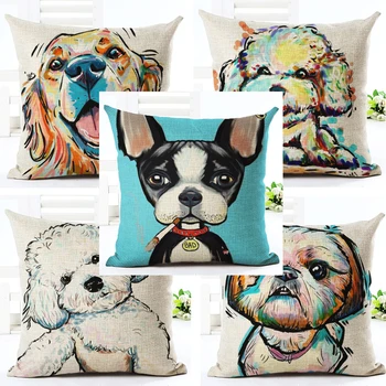 

45*45cm Cute Dog Cushion Cover Square Linen Puppy Printing Pillowcase Colourful Sofa Waist Throw Cushion Cover Home Decor