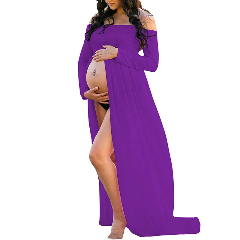 Платье для беременных с открытыми плечами и длинным рукавом для фотосессии; шифоновое платье с разрезом спереди; макси платья для фотосессии - Цвет: Фиолетовый