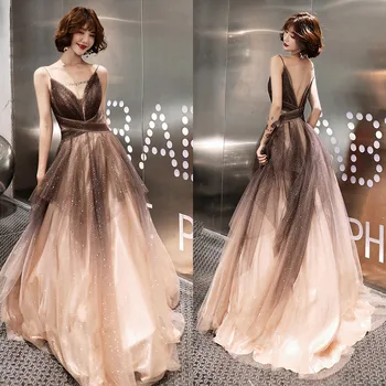 

A-Line Formal Dress V-Neck Spaghetti Strap Sleeveless Robe De Soiree Sequined Backless Zipper Dress Woman Party