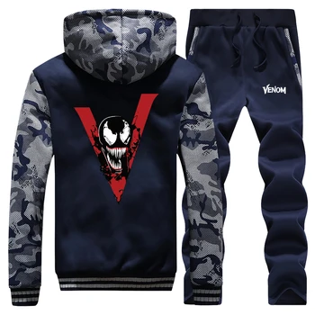 

Marvel Men Fashion Casual Winter Jacket+Pants 2Piece Sets venom print trend sweatpants man Camouflage Warm Thick Fleece Hoodies