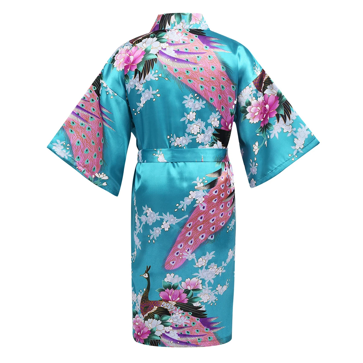 Girls Satin Kimono Robe Kids Sleepwear Peacock Flower Printed Children Bathrobe Nightgown Robe For Spa Party Wedding Birthday