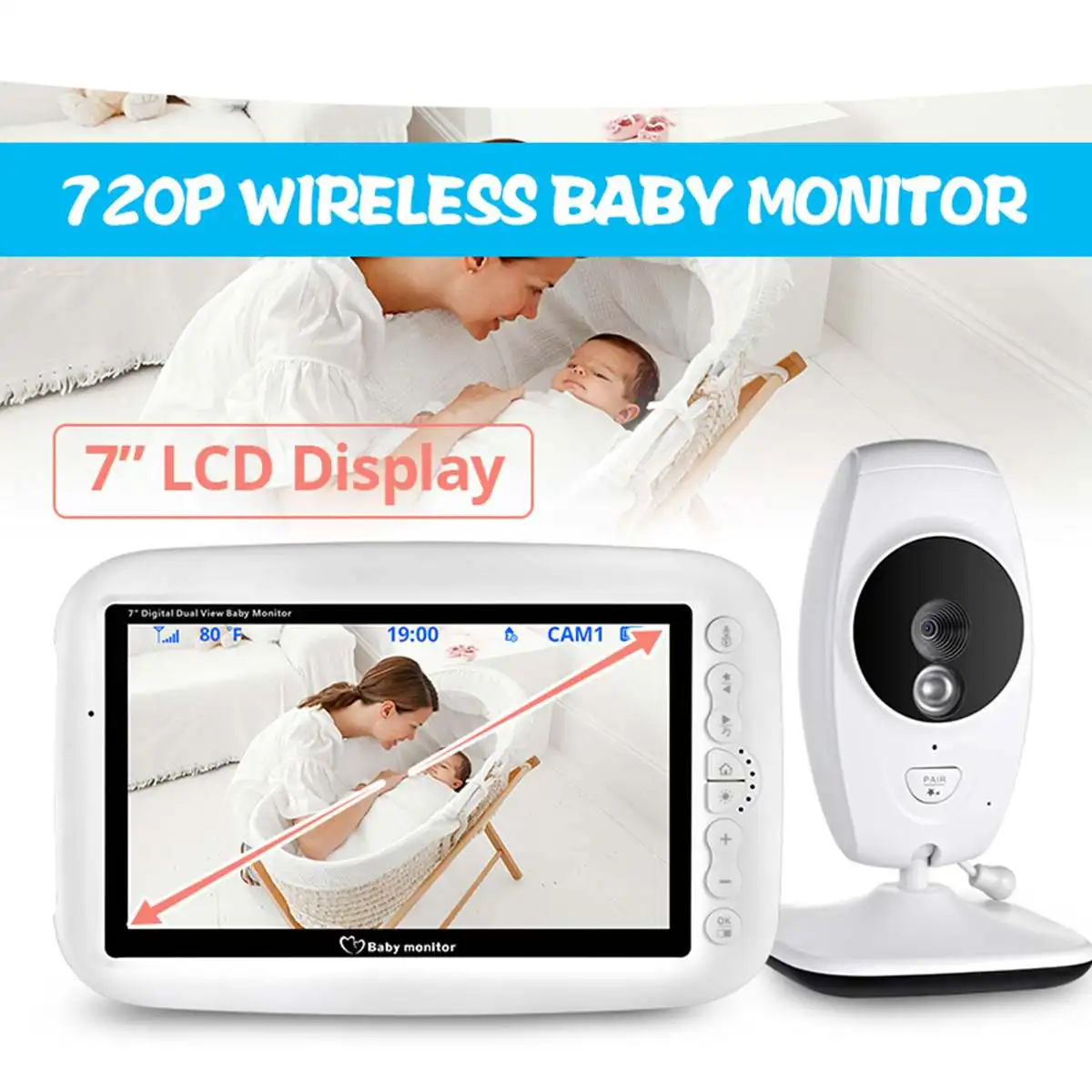 

7 Inch Baby Monitor 720P HD Camera Big LCD Screen Wireless Nanny Video Intercom IR Night Vision Temperature Monitoring 4 Lullaby