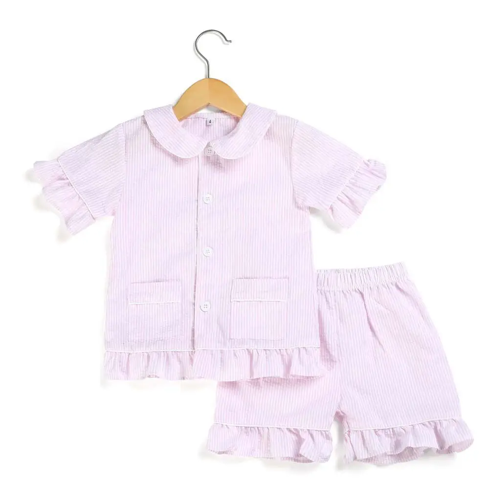 100% Cotton Seersucker Two Pieces Spring Summer Pink Ruffle Button Kids Pyjamas Boys And Girls Easter Pajamas Sets Sleepwear & Robes for baby