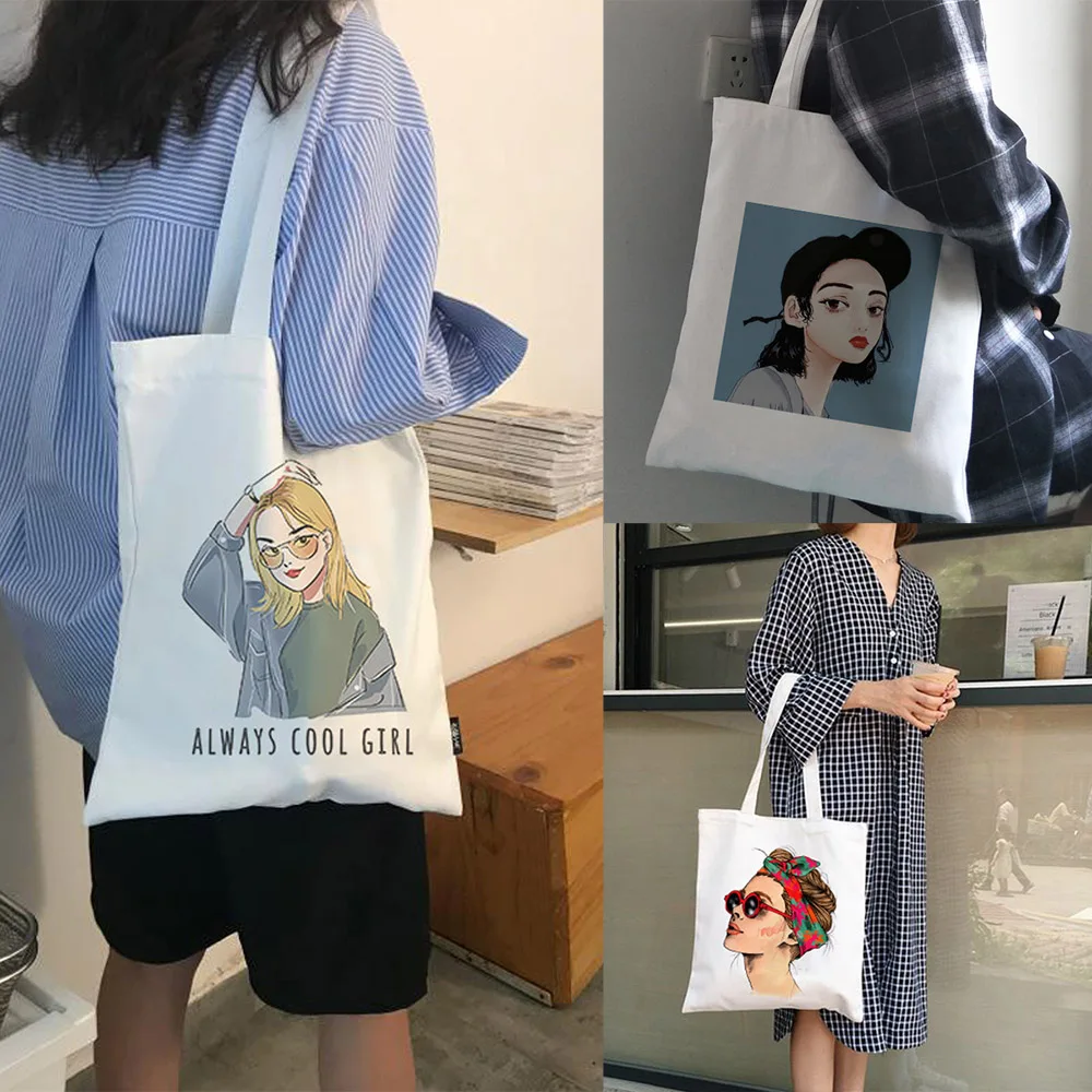 Book-Bag Canvas Tote Travel Women Handbags Eco Reusable Fashion Face-Print Character